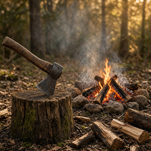 Sekera ve špalku u ohně